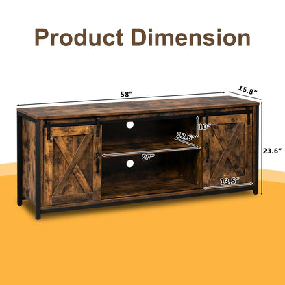 Ktaxon Farmhouse TV Stand for 65'' TVs, Rustic Natural Brown Entertainment Center, Barn Doors TV Cabinet with Storage Cubes Furniture