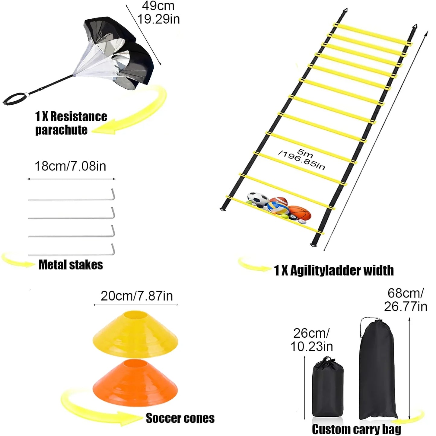 Speed Agility Training Kit-Includes 12 Rung 20ft Adjustable Agility Ladder with Carrying Bag, 12 Disc Cones, 4 Steel Stakes, 1 Resistance Parachute,Footwork Skills Drill Gear for Football and Soccer