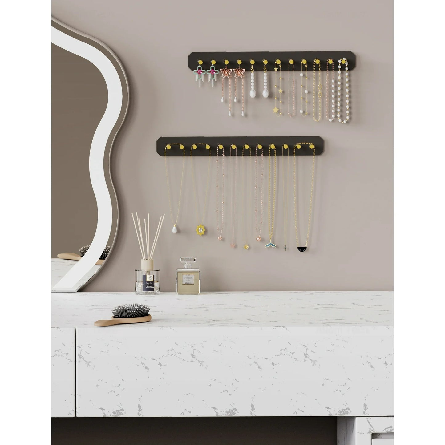 NiHome Hanging Jewelry Organizers, Wall Mounted Acrylic Jewelry Holder Earring Necklace Organizer with 24 Gold Round Hooks, Hanging Necklace Holder Stand also for Bracelet, Key - Black, 2PK