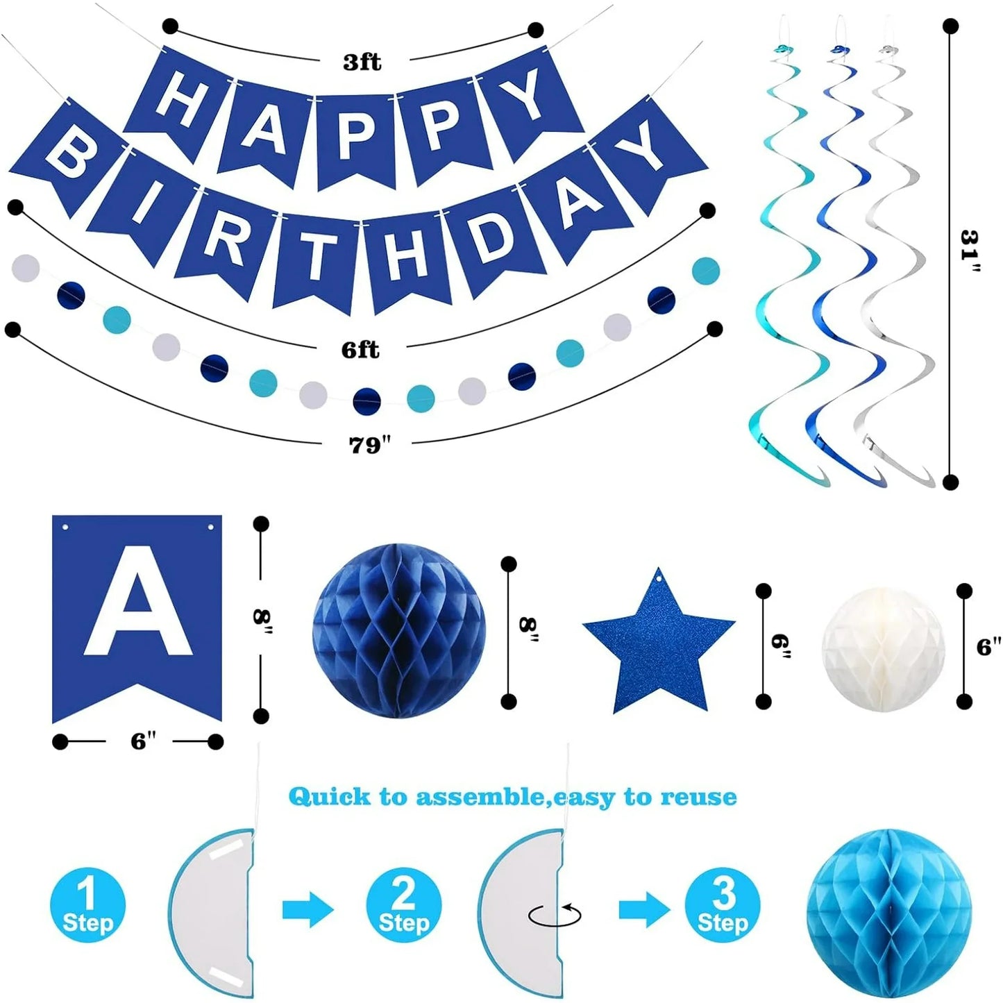 Blue Birthday Party Decorations for Men Women- Navy Blue Happy Birthday Banner with Honeycomb Balls, Star Hanging Swirl Streamer, Circle Dot Garland Decroations