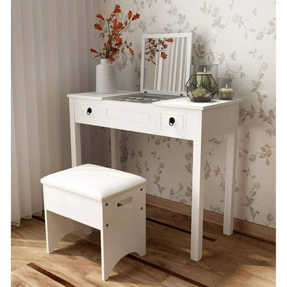 Ktaxon Vanity Set,Flip-top Mirror Dressing Table Makeup Vanity Table Writing Desk with 2 Drawers and Stool, White