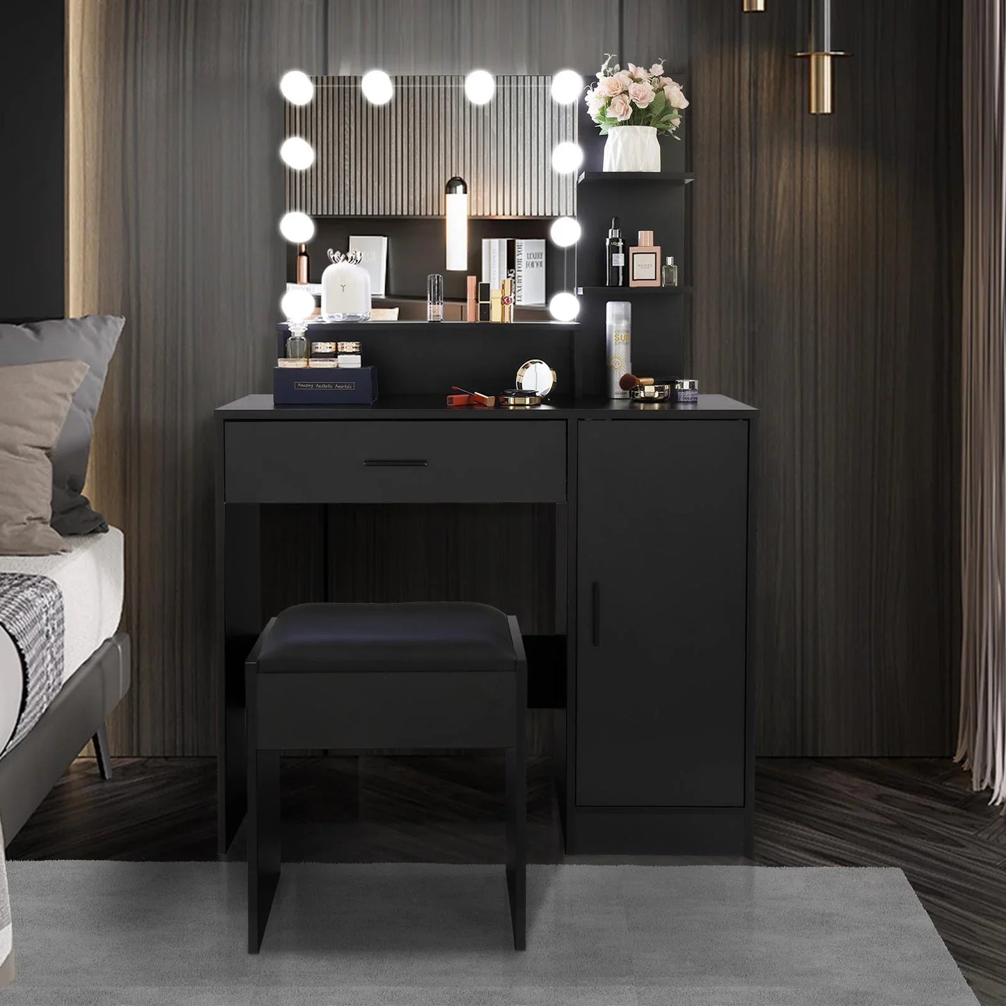 Ktaxon Vanity Set with 3 Color Lighted Mirror, Makeup Table with 3 Storage Shelves & Drawers, Dressing Table Makeup Desk with Stool,Black