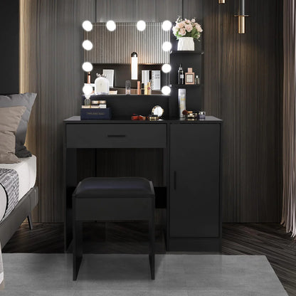 Ktaxon Vanity Set with 3 Color Lighted Mirror, Makeup Table with 3 Storage Shelves & Drawers, Dressing Table Makeup Desk with Stool,Black