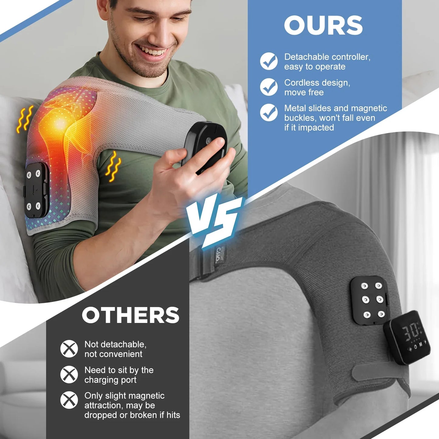 Cordless Shoulder Heating Pad, Heated Shoulder Wrap with Vibration, Universal for Left and Right Shoulders, Magnetic Controller Design