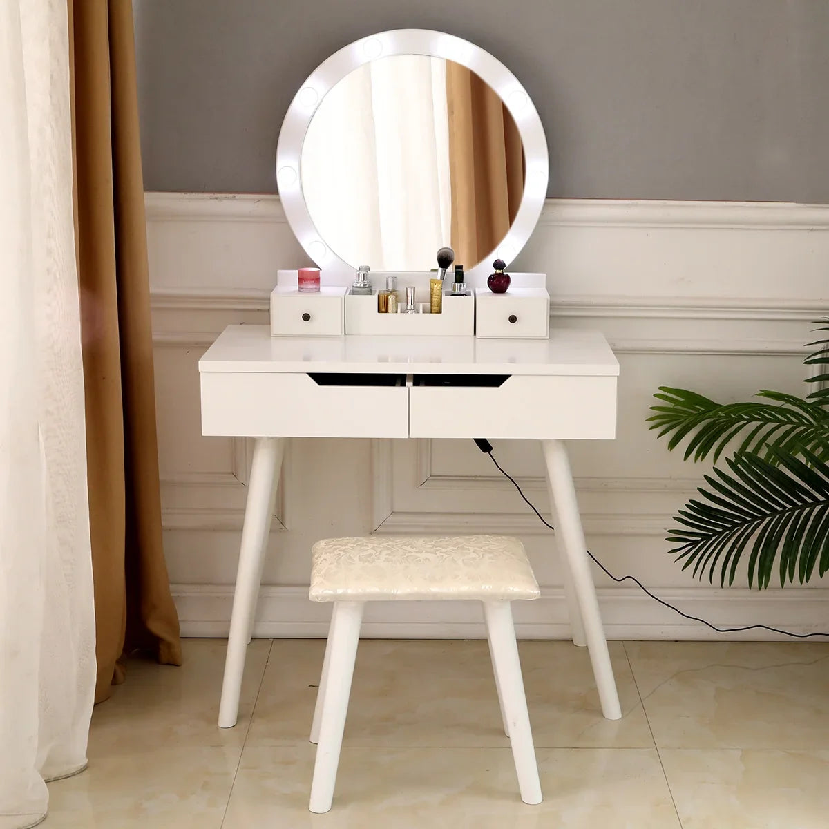 Ktaxon Vanity Set with Round Lighted Mirror, Makeup Dressing Table with 8 Light Bulbs & Cushioned Stool Set,Bedroom Vanities Set White