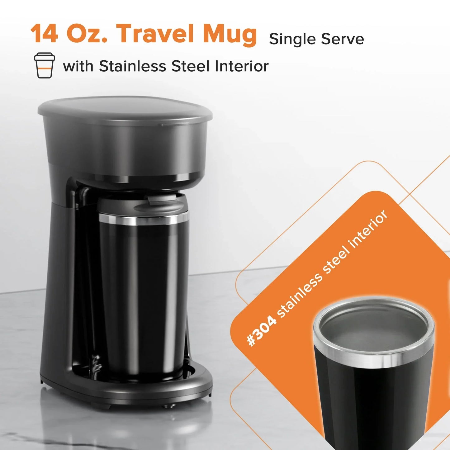Moifoi Mini Single Serve Coffee Maker, Portable Coffee Maker with 14Oz Thermal Travel Mug, Reusable Filter, Black
