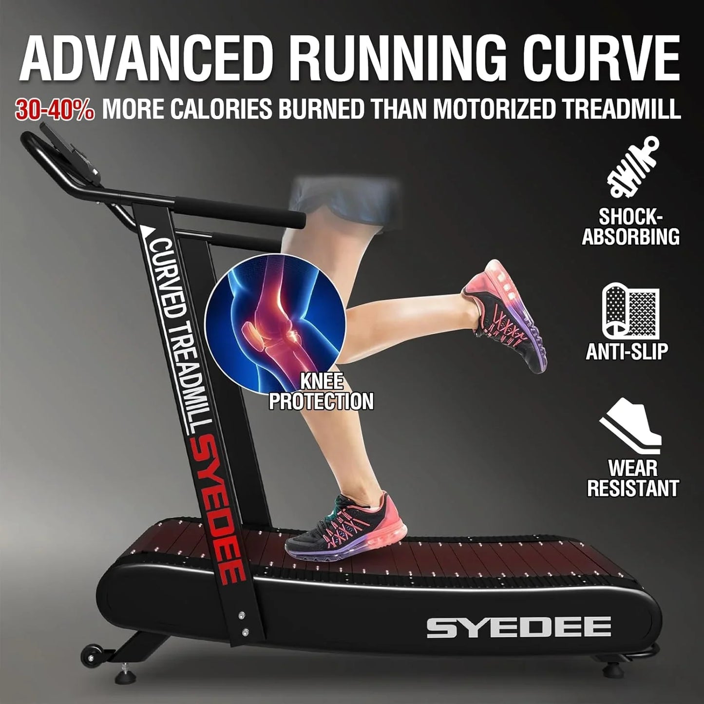 Syedee Premium Portable Curved Manual Treadmill, Motorless Treadmill for Marathon, Air Running with Digital Monitor, Handlebar and Non-Slip Belt, Treadmill for Home Gym, Cardio Equipment