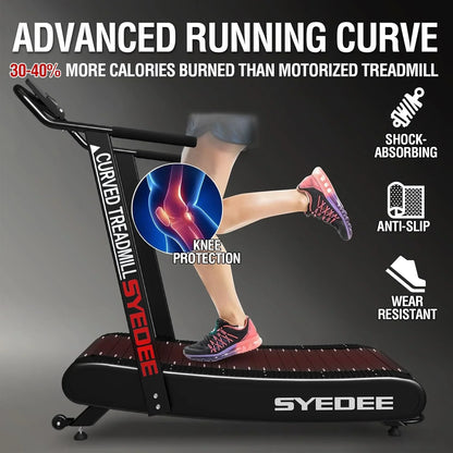 Syedee Premium Portable Curved Manual Treadmill, Motorless Treadmill for Marathon, Air Running with Digital Monitor, Handlebar and Non-Slip Belt, Treadmill for Home Gym, Cardio Equipment