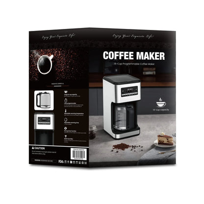 Moifoi 14-Cup Stainless Steel Programmable Coffee Maker: 24H Scheduling, Self-Clean, Large Glass Carafe, Reusable Filter, for Home/Office