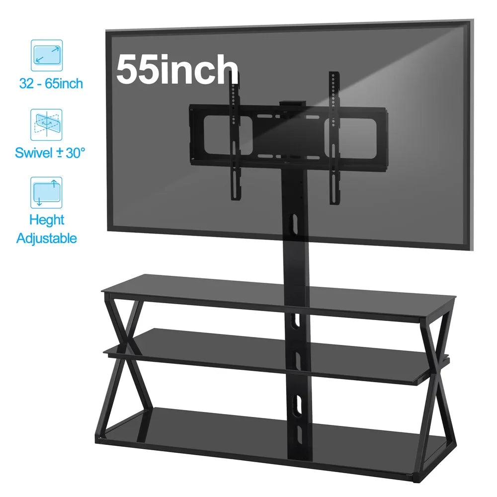 Ktaxon Swivel Floor TV Stand Mount 3 Tier Tempered Glass Shelf for 32 37 40 42 46 47 50 55 60 65"