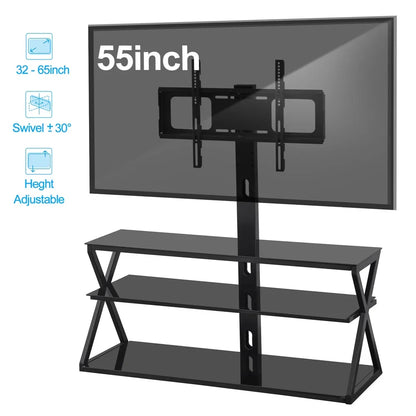 Ktaxon Swivel Floor TV Stand Mount 3 Tier Tempered Glass Shelf for 32 37 40 42 46 47 50 55 60 65"