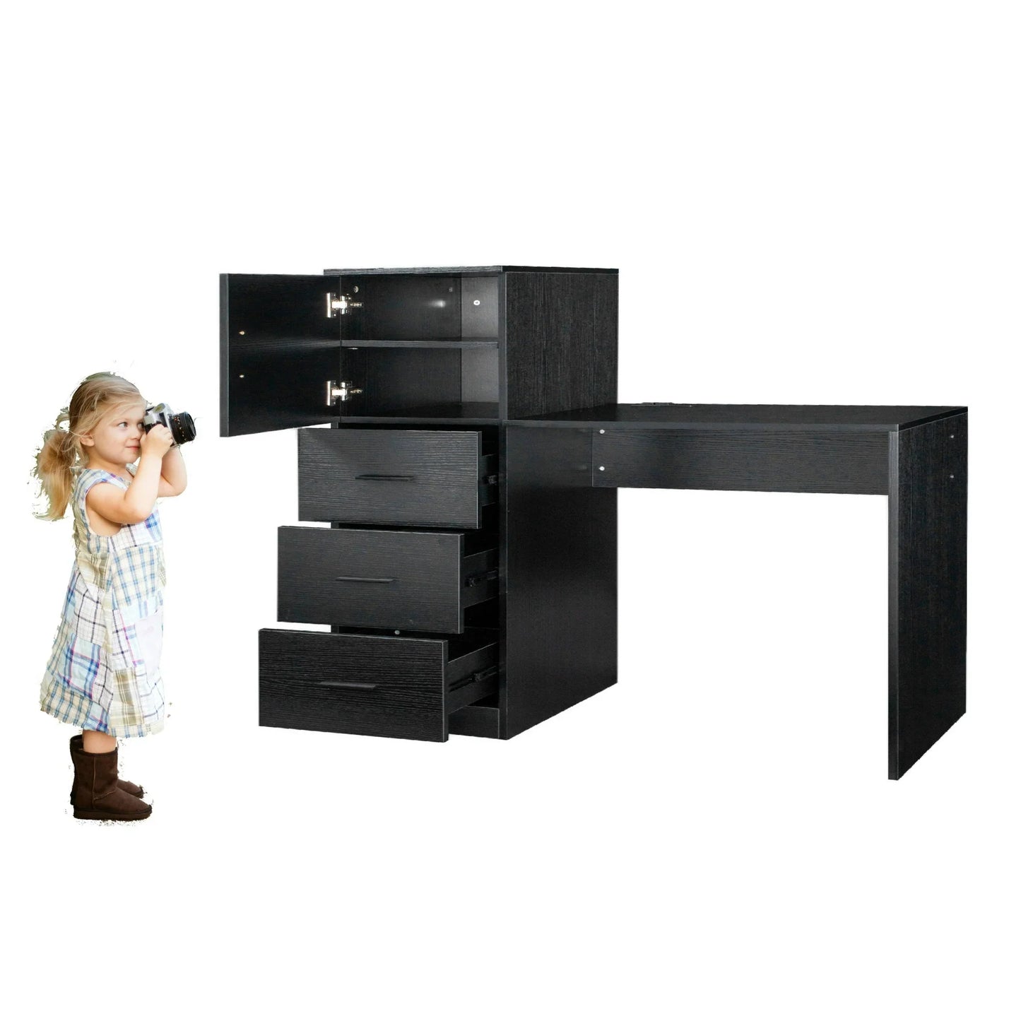 Ktaxon Computer Desk with 2 Power Outlets&USB, Kids Study Writing Table Printer Space, Multipurpose Nail Table with 5 Spacious Drawers, for Home&Office, Black