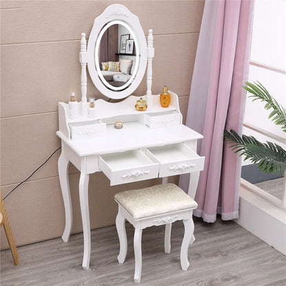 Ktaxon Elegance White Dressing Table Vanity Table and Stool Set Wood Makeup Desk with 4 Drawers & Lighted LED Touch Screen Mirror
