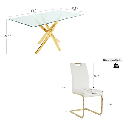Sumdeal 63" Glass Dining Table Set for 6,Gold Base Dining Room Table with 6 Gold Leg C Shape Chairs