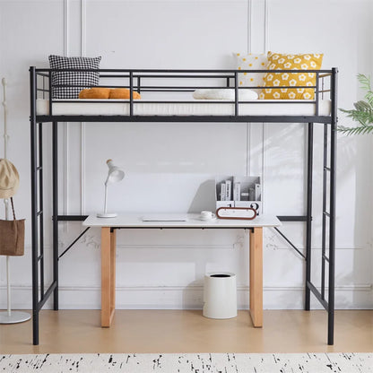 Ktaxon Metal Twin Size Loft Bed Frame with Stairs & Full-Length Guardrail, Black (Desk not included)