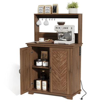 JOINICE Farmhouse Coffee Bar Cabinet,Charging Station,6 Hooks and Adjustable Shelf, Walnut