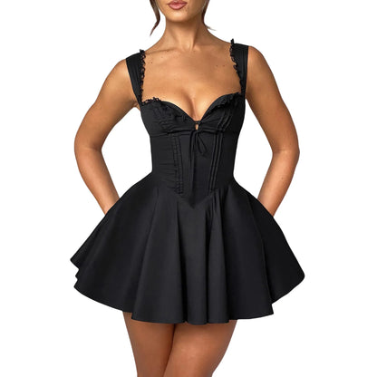 Peyakidsaa Summer Savings Clearance Women's Mini Corset Dress A-Line Elegant V Neck Backless Sleeveless Short Dress