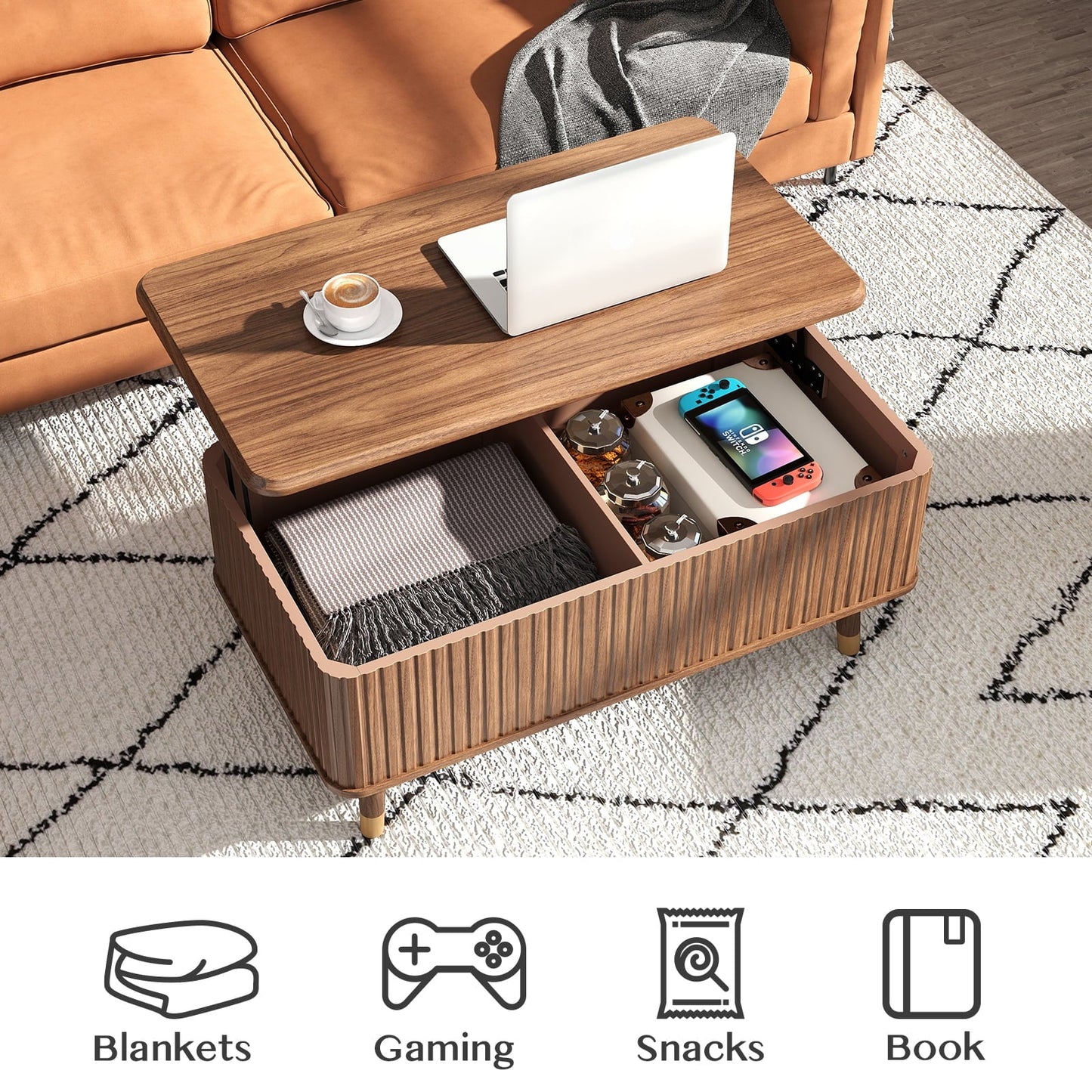 JOINICE Lift Top Coffee Table with Storage,Mid-Century Modern Style,Waveform Panel,for Living Room,Walnut