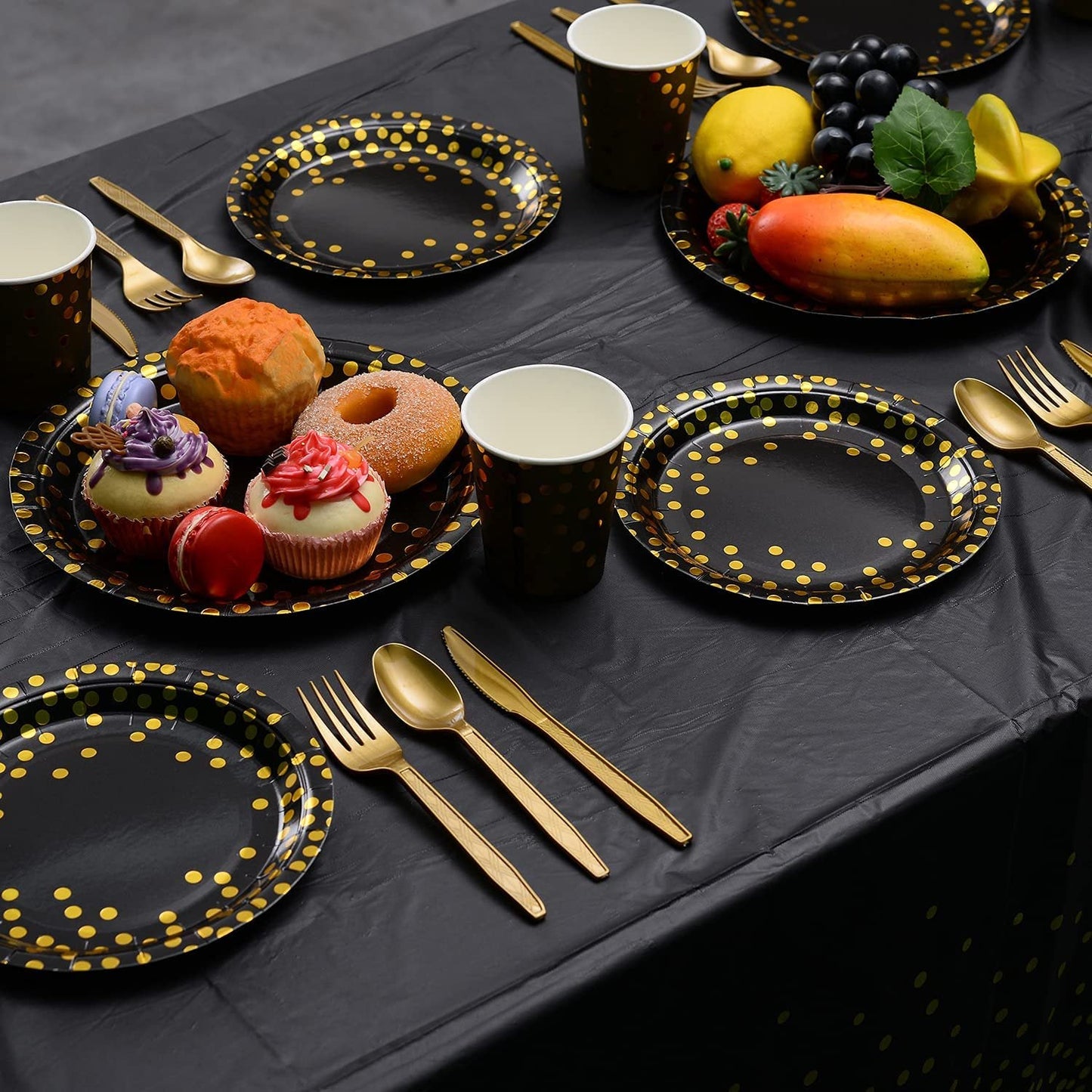 201Pcs Black and Gold Party Supplies, Dots Dinnerware Set for 25 Guests, Paper Plates Napkins Straws Plastic Tablecloth Forks Knives Spoons for Birthday Wedding Christmas Cocktail Party Baby Shower