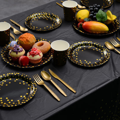 201Pcs Black and Gold Party Supplies, Dots Dinnerware Set for 25 Guests, Paper Plates Napkins Straws Plastic Tablecloth Forks Knives Spoons for Birthday Wedding Christmas Cocktail Party Baby Shower