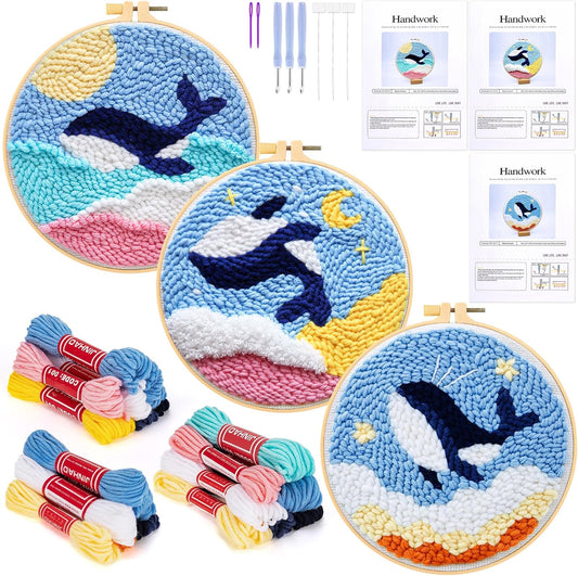 3 Pack Punch Needle Embroidery Kit for Beginners, Rug Hooking Starter Kit with Whale Pattern Stamped Cloth 3 Embroidery Hoops Woolen and Punch Needle