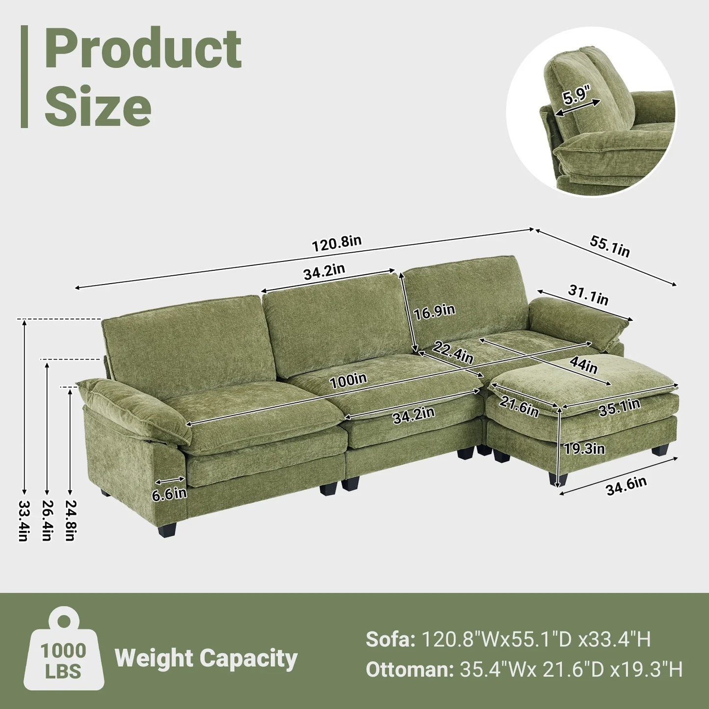 Ktaxon Sectional Sofa L Shaped Couch with Chaise Living Room Sleeper Set, 3 Seats with Chenille and Double Layer Cushions 120" W Olive Green