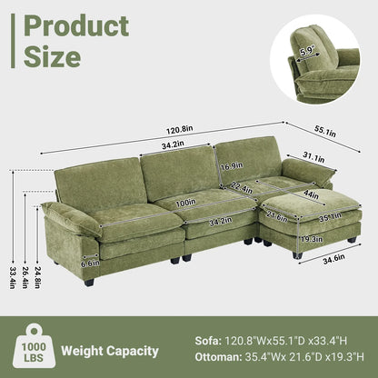 Ktaxon Sectional Sofa L Shaped Couch with Chaise Living Room Sleeper Set, 3 Seats with Chenille and Double Layer Cushions 120" W Olive Green