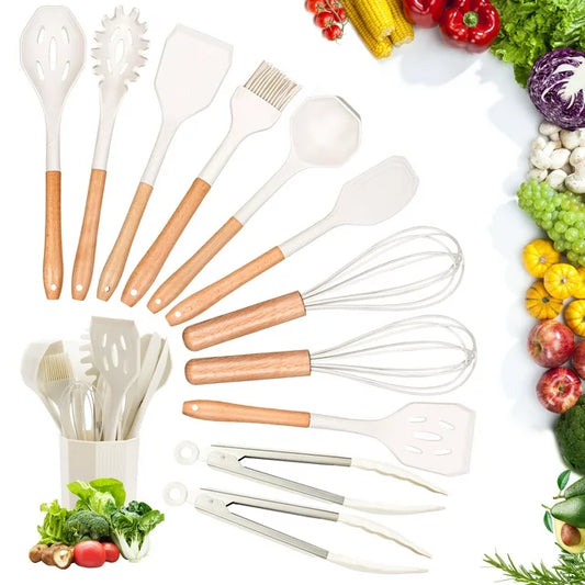 VAVSEA Silicone Cooking Utensils Set, 12Pcs Heat Resistant Kitchen Utensil Gadgets Tools Set for Nonstick Cookware, Safe BPA Free Silcone, Khaki