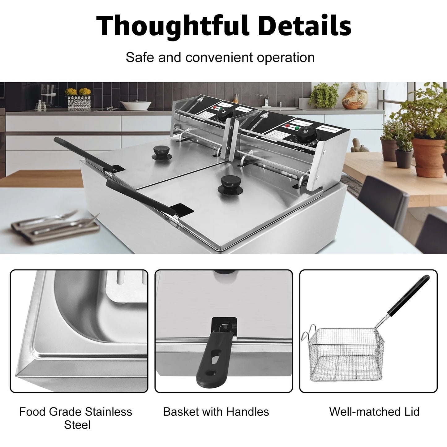 Jacgood 10.6QT Commercial Electric Deep Fryer 5000W Professional Stainless Steel Countertop French Fry with Basket for Restaurant