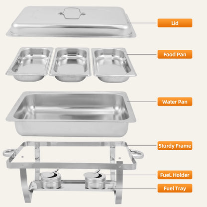 Chafing Dish Buffet Set 4 Pack, PRIJESSE 9QT Stainless Steel Chafing Dishes 3* 1/3 size food pans for Buffet, Chafers and Buffet Warmers Sets for Parties, Events, Wedding, Camping, Dinner