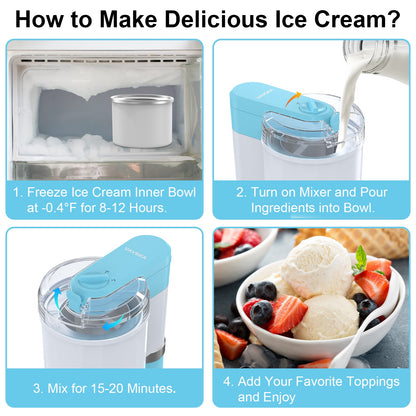 Ice Cream Maker, Frozen Yogurt Machine, for Homemade Gelato, Sorbet, Electric Soft Serve Maker, 1 Quart, Blue