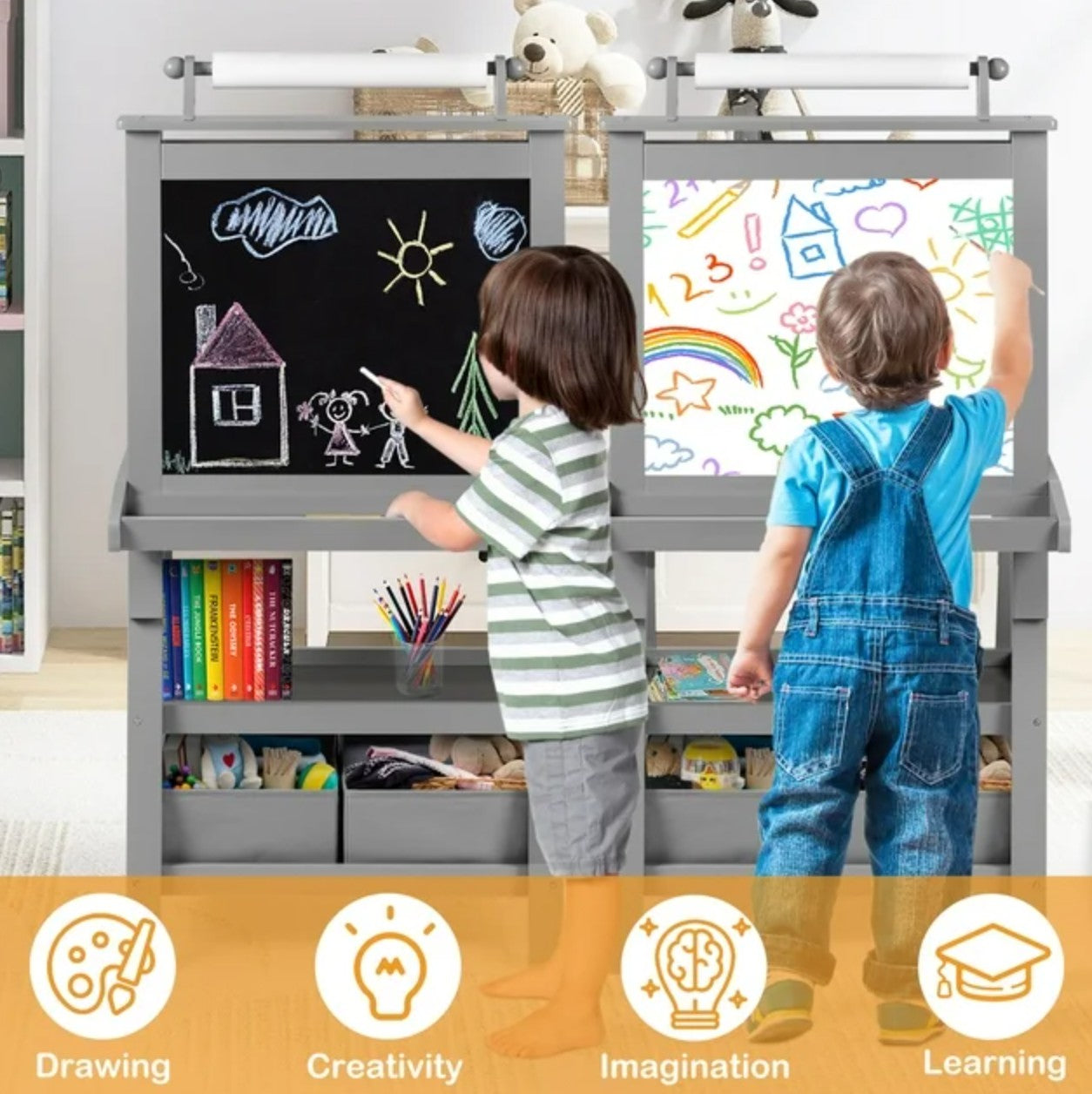 LINLUX 3 in 1 Art Easel for Kid, Whiteboard for Kid with Stand, Magnetic Chalkboard Pizarra, Grey