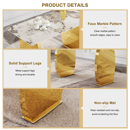 Sumdeal 63" Modern Sintered Stone Dining Table with 6 Velvet Dining Chairs,White pattened Table with Golden Leg,6 Beige Chairs