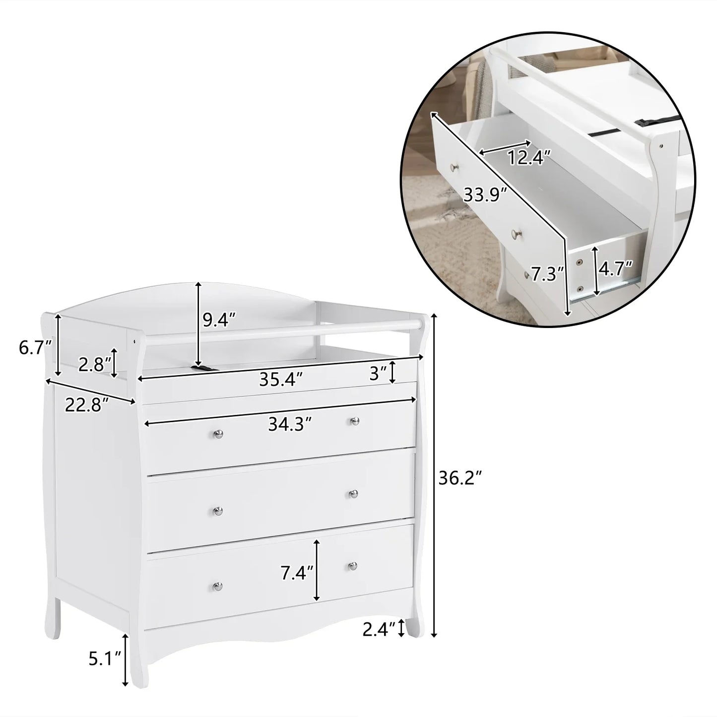 Ktaxon 3-Drawer Changing Table, Wood Infant Diaper Changing Station with Drawers, Baby Dresser for Nursery, (White)