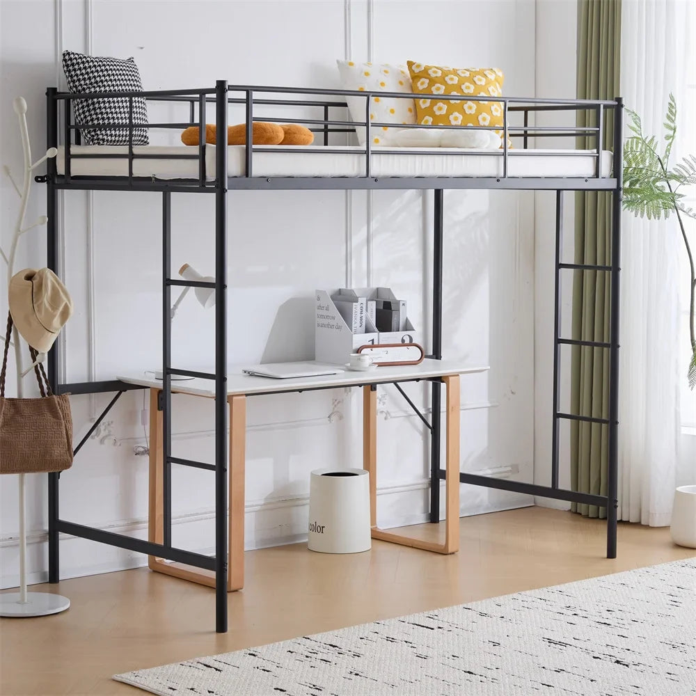 Ktaxon Metal Twin Size Loft Bed Frame with Stairs & Full-Length Guardrail, Black (Desk not included)