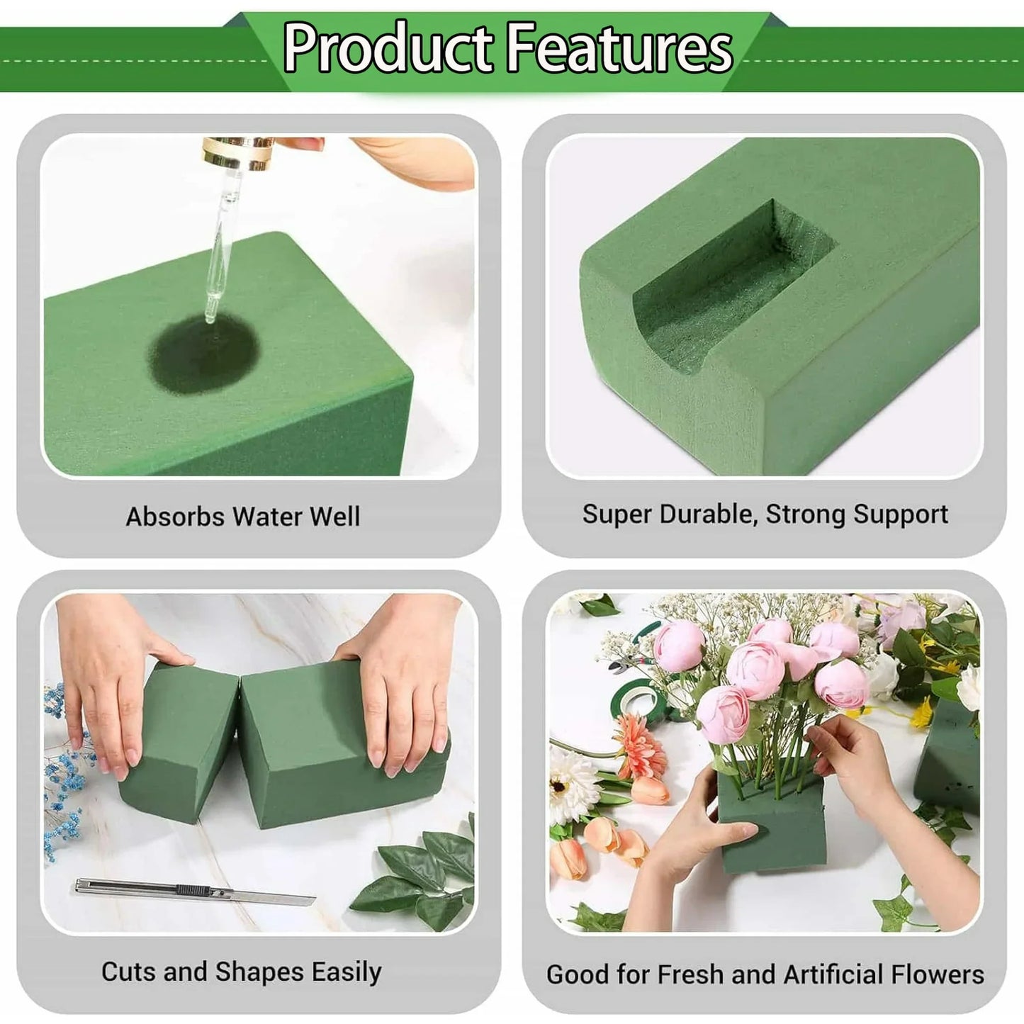 4 Pcs Floral Foam Blocks,Green Wet Dry Flower Foam Plant Foam for Wedding, Birthdays Fresh & Artificial Flower Arrangements DIY Craft( 8.86L x 4.13W x 2.95H)