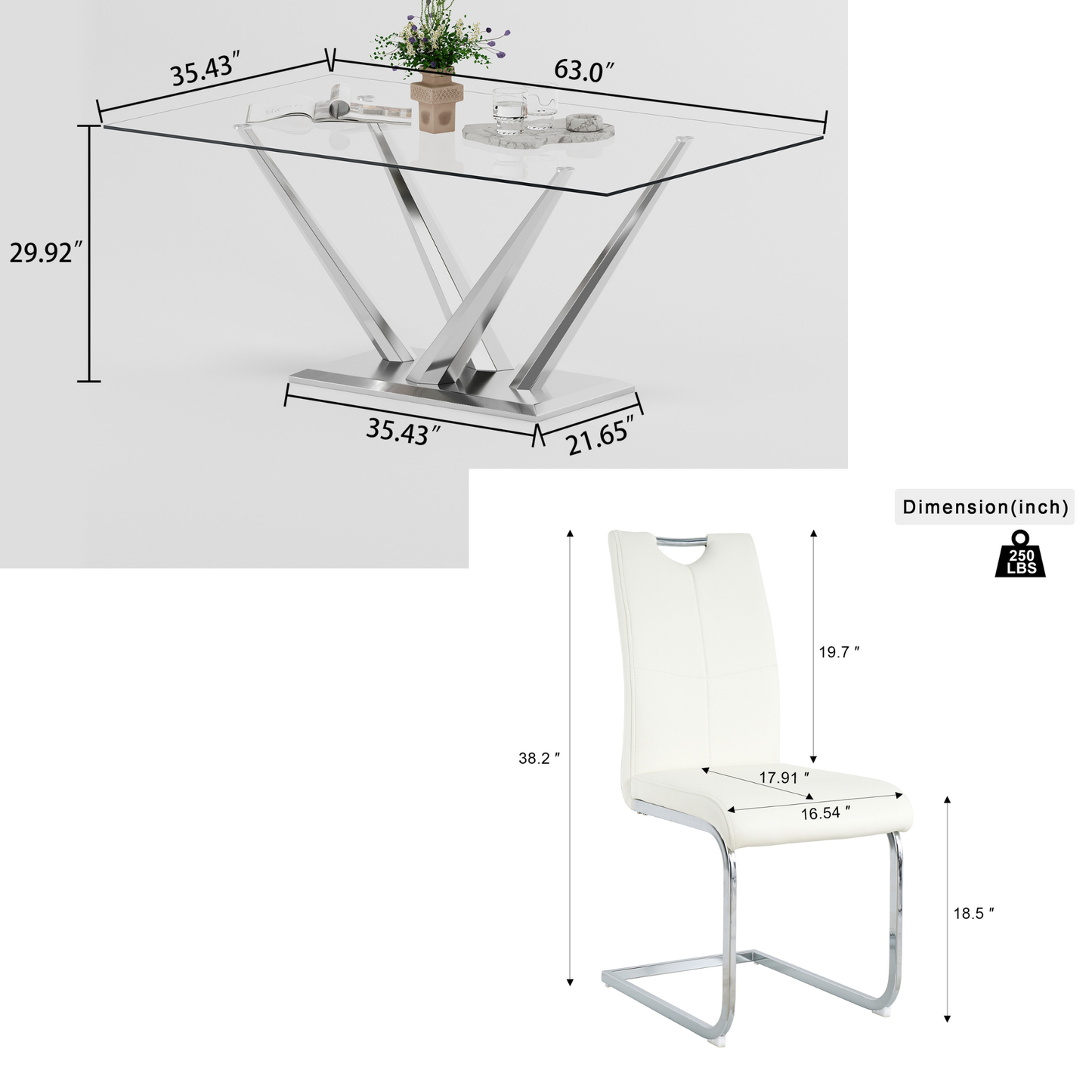 63" rectangele Glass Dining Table Sets for 6,Modern Dining Table with Silver base and 6 Silver Leg PU Chairs Room Set for Kitchen Dining Room,Living room,Glass table and White Chairs