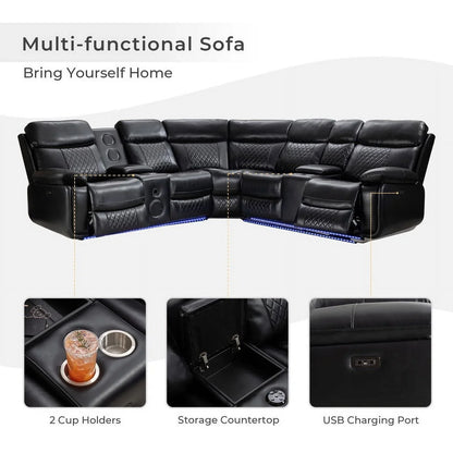 Comfort Stretch 5 Seats Power Recliner Sofa Sets with Speaker,Black Faux Leather Reclining Sectional Couch for Living Room Furniture Sets with USB Port,Storage Console,Cup Holders,LED Lights