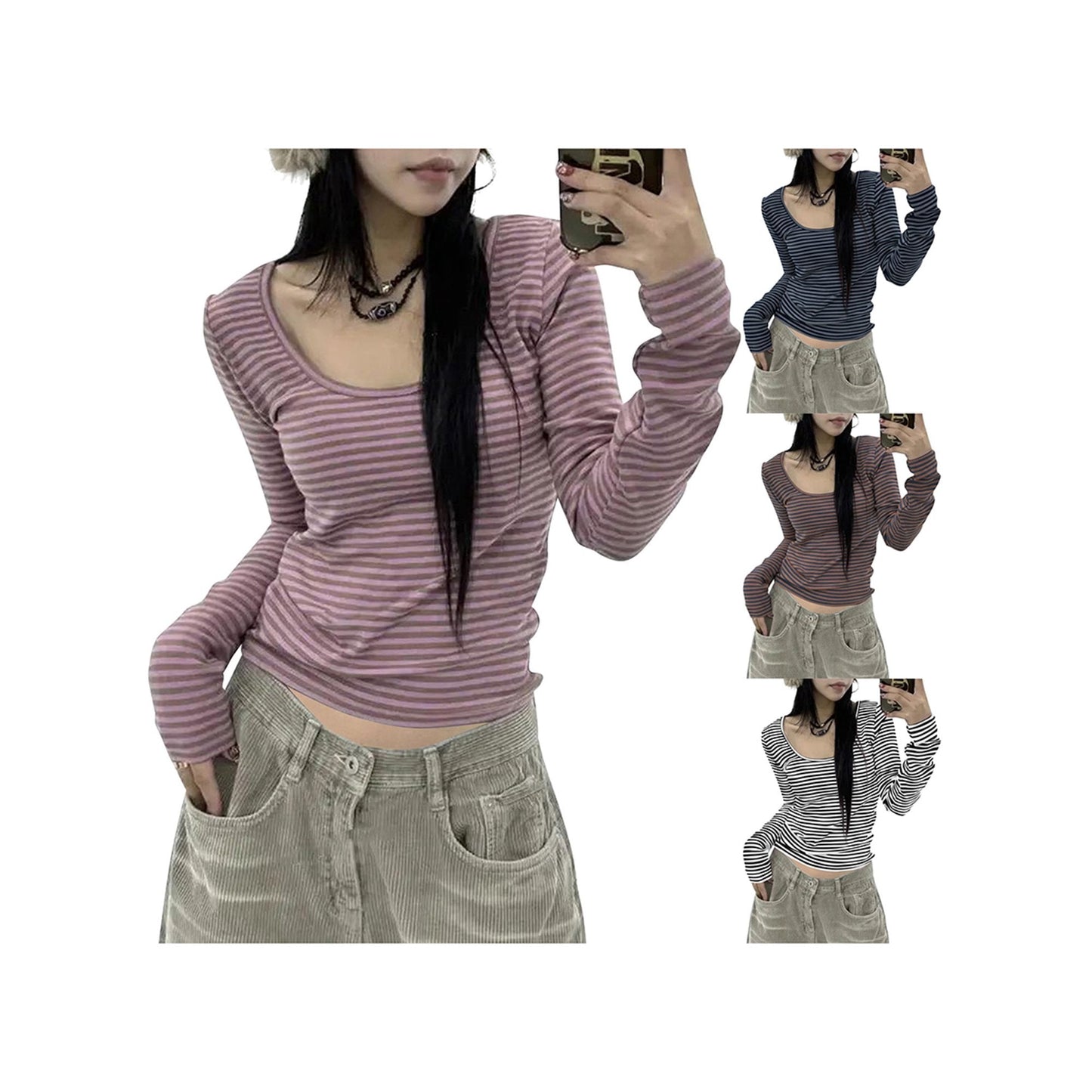 Peyakidsaa Women Long Sleeve T-shirt,Scoop Neck Ladies Fall Striped Casual Tops Streetwear