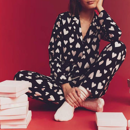 Valentine's Day Pajamas Set Women's Long Sleeve Tops Sleepwear Soft Satin Silk Loungewear Comfy Pjs Shorts Pyjama Set Homewear