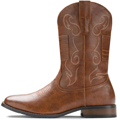 IUV Cowboy Boots For Men Western Boot Classic American Flag Embroidered Square Toe Mid-Calf Boots