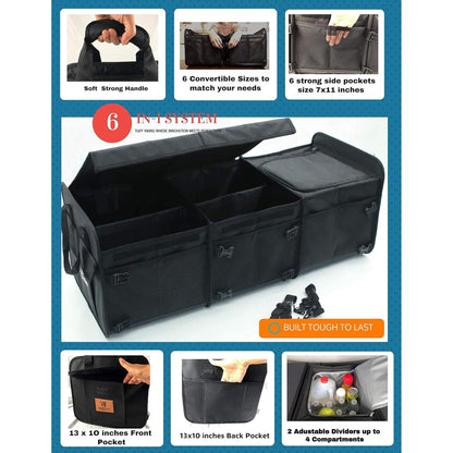 Convertible Large 3 Compartment SUV Trunk Organizer with Cover | Truck Bed Organizer | for Trucks, Cars, SUVs and Groceries with Tie Down Straps. (6 in 1 with Cover, Black)
