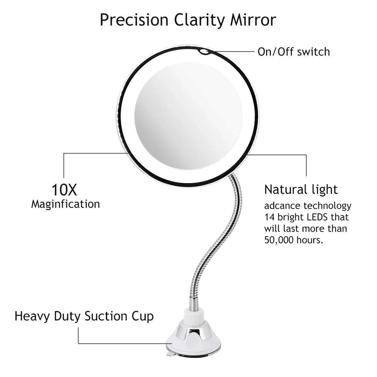 Flexible Gooseneck 10x Magnifying Mirror with Light, Make up Mirror with Lights and Magnification, Portable Vanity Magnified Mirror with Suction Cups for Wall Bathroom (6.7inch)