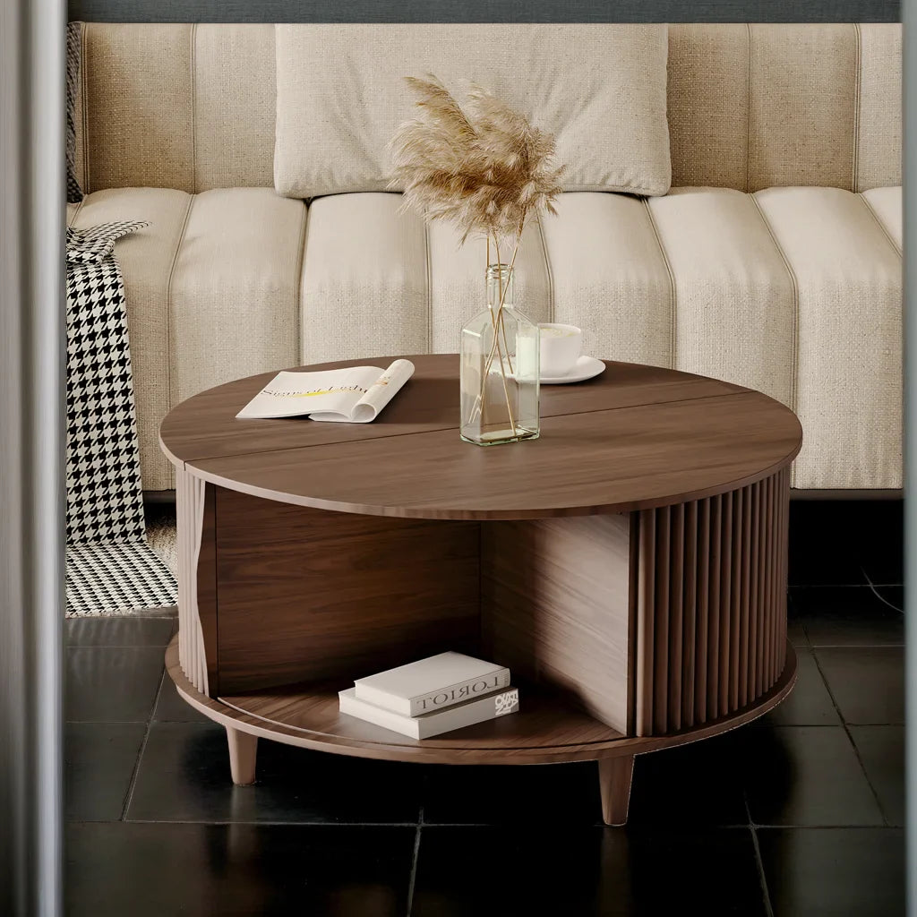 JOINICE Mid Century Modern Round Flip Top Coffee Table with Storage,for Living Room,Walnut