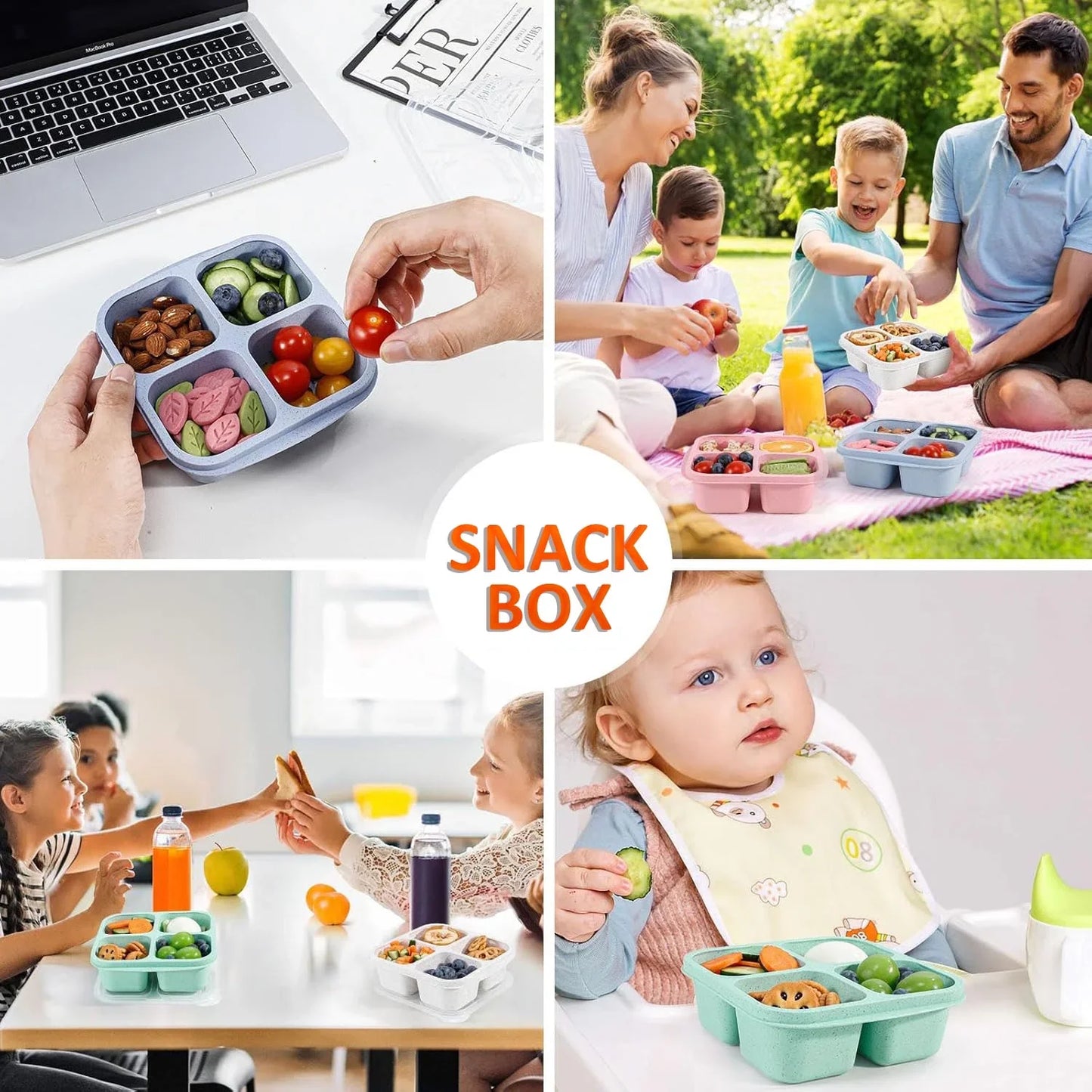 ARCTICICE 4 Packs Snack Containers Sets with Lid Reusable 4 Compartment Food Storage Containers Microwaveable Adult Kids Lunch Box