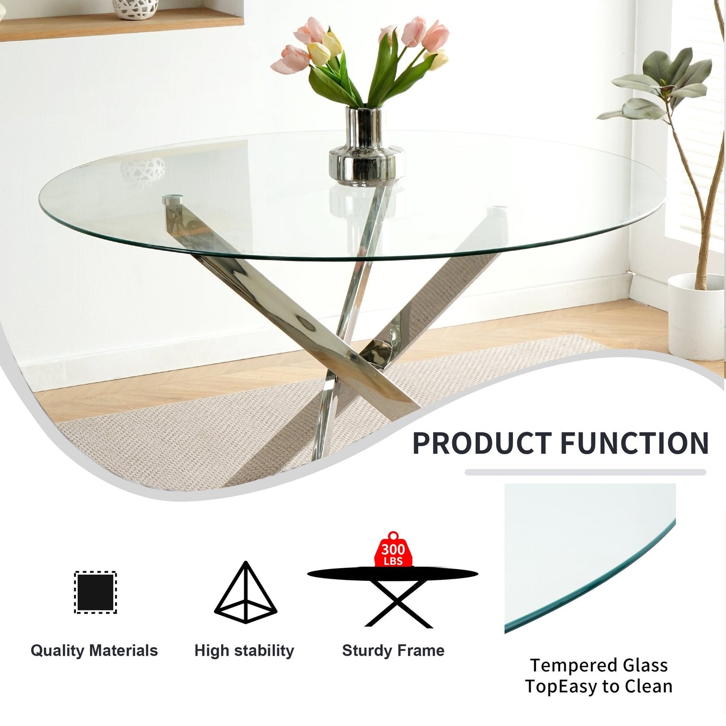 47" Modern Round Glass Dining Table Set with 4 PU Leather Chairs,Silver Base Glass Table with 4 Gray Chairs with Black Leg