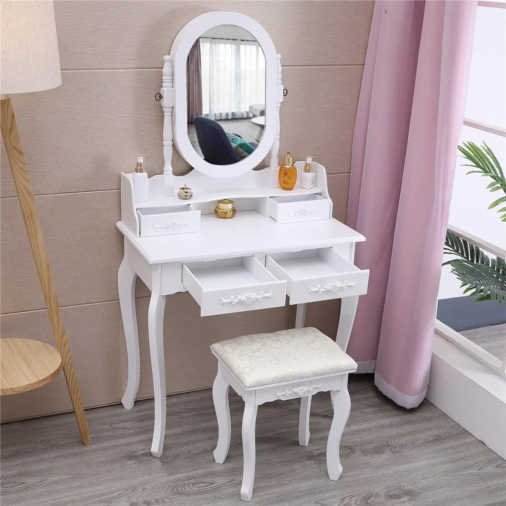 Ktaxon Vanity Jewelry Wooden Makeup Dressing Table Set W/Stool Mirror Cabinet &4 Drawer