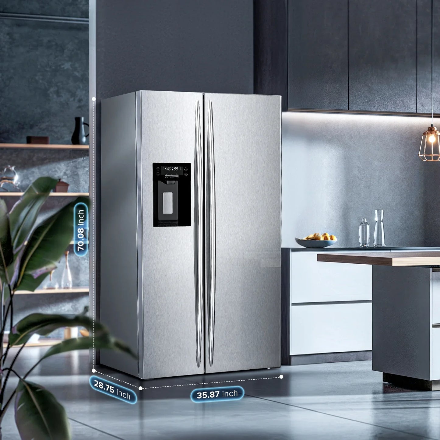 Auseo 21 Cu.ft. 36" Depth French Door Refrigerator with Ice & Water Dispenser, Auto Defrost, Gray Stainless Steel