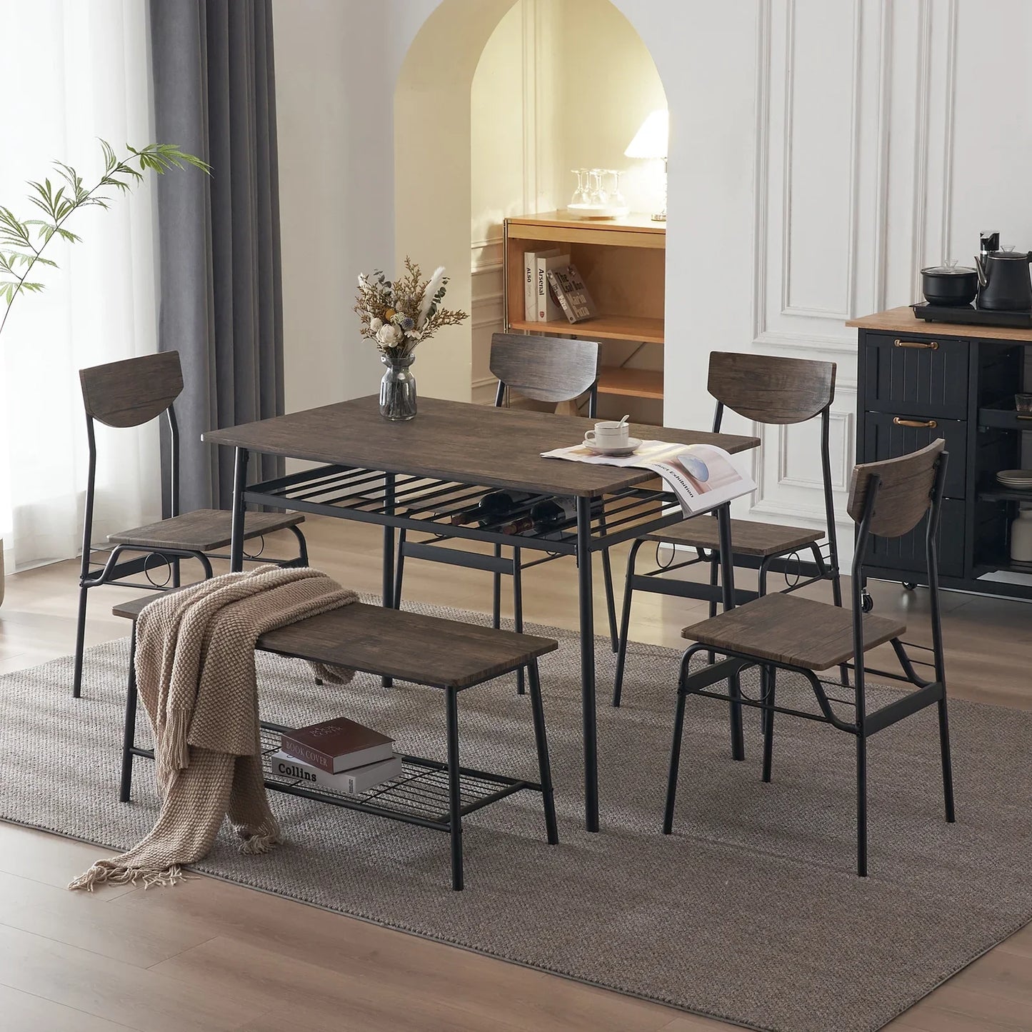 Ktaxon 6-Piece Dining Room Set Modern Kitchen Table Set with 4 Chairs and 1 Bench, Dining Table for 6 with Metal Frame Brown