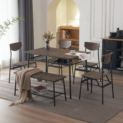 Ktaxon 6-Piece Dining Room Set Modern Kitchen Table Set with 4 Chairs and 1 Bench, Dining Table for 6 with Metal Frame Brown